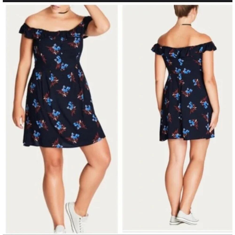 NWT City Chic Plus Size 22 Black & Blue Floral Off the Shoulder Mini Dress